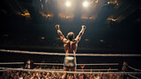 Fototapeta Sport - An exultant wrestler stands triumphantly atop the ropes with cheering fans in the background. Capturing the joy of victory, this image is perfect for conveying success or celebration.