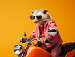A Cool Opossum Riding a Motorcycle on a Solid Background