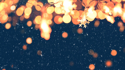 Wall Mural - christmas snowflakes lights with falling snow, snowflakes, winter and new year holidays. copy space.