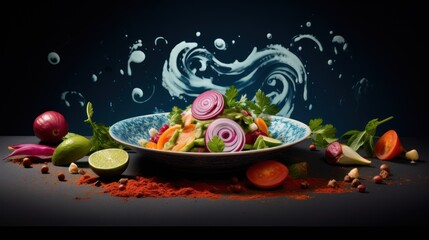 Wall Mural -  a bowl filled with lots of veggies next to a pile of spices and seasoning on a table.