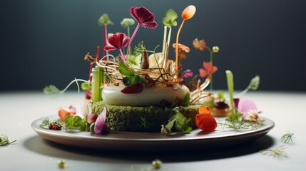 Sticker -  a plate with a cake decorated with flowers and greenery on the top of the plate is sitting on a table.