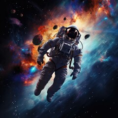 Wall Mural - Astronaut in vivid space, adorned with stars, planets, and expansive copy space for text