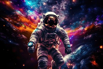 Wall Mural - Astronaut in vivid space, adorned with stars, planets, and expansive copy space for text
