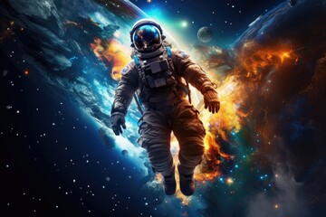 Wall Mural - Astronaut in vivid space, adorned with stars, planets, and expansive copy space for text
