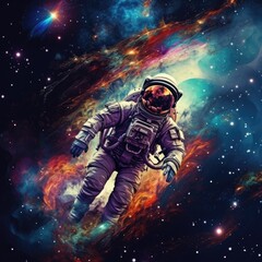 Wall Mural - Astronaut in vivid space, adorned with stars, planets, and expansive copy space for text