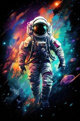 Wall Mural - Astronaut in vivid space, adorned with stars, planets, and expansive copy space for text