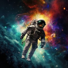 Wall Mural - Astronaut in vivid space, adorned with stars, planets, and expansive copy space for text