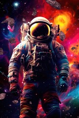 Wall Mural - Astronaut in vivid space, adorned with stars, planets, and expansive copy space for text