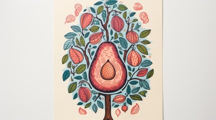 Poster -  a painting of a tree with a pear on it's trunk and leaves on it's trunk, in front of a white wall.