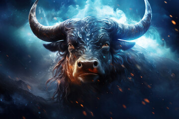 a majestic bull with swirling horns emerges from a starry nebula