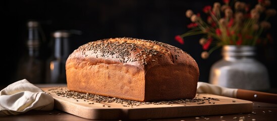 Poster - Home-baked seeded whole grain bread rests on table with wire rack.