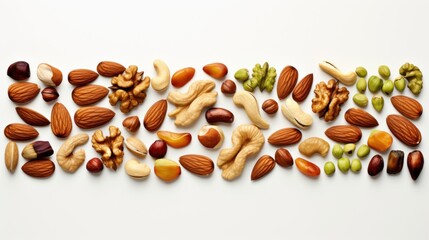 Poster -  a variety of nuts and nutshells laid out in the shape of a rectangle on a white background.