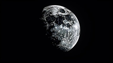 Sticker -  a black and white photo of the moon in the night sky with stars and bubbles on the surface of the moon.