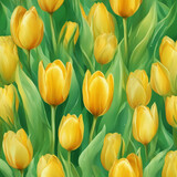 Fototapeta Tulipany - Seamless from yellow tulips and green leaves.