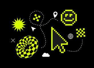 Aufkleber -  Pixels Y2k trendy playful stickers. 8bit icons abstract. Trendy Geometric Brutalism UI. Yellow neon. Retro Pixels elements in the mood of 90's aesthetics. illustration. cursor, emoji, Cyber sport
