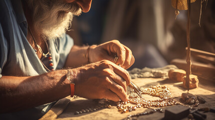 The dexterous hands of an artisan skillfully create a handmade trinket using classic methods.