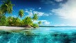 A vivid travel vacation background with lush greenery, crystal-clear waters
