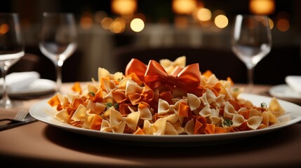 Poster -  a close up of a plate of food on a table with wine glasses and a table cloth with lights in the background.