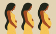 Pregnancy stages. Happy smiling beautiful woman in the first, second, and third trimesters of pregnancy. Vector illustration in a flat style. Isolated on a white background.