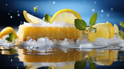 Sticker -  a close up of a slice of cake with lemons and mints on a reflective surface with water droplets.