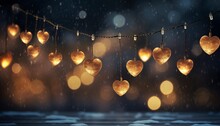 Bright Glowing Vintage Heart Light Bulbs Suspended In The Frosty Winter Night Evening

