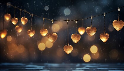 Bright Glowing vintage heart Light bulbs Suspended in the Frosty Winter night Evening

