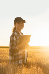 Fototapete - Woman farmer with tablet in a wheat field. Sunset