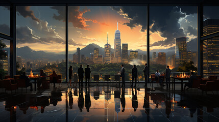Wall Mural - Business people watching view of the city at the sunset Corporate Landscape Concept