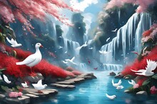 3d Wallpaper Blue Sky Water White Bird Waterfall Fish Bot White Duck Red Pink Flowers_ ILLUSTRATION