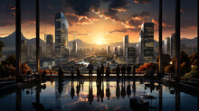 Sunset In The City With Silhouettes Of People Corporate Landscape Concept