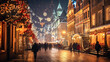 © IRStone - Beautiful European street view  during Christmas time, decorated with lights, christmas trees and lights reflections