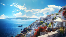 Beautiful Iconic Landscape Of Greece Cost With White Houses On Mountain And Blue Sea Water At Sunny Summer Day