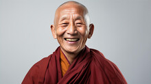 Portrait Of Tibetan Monk With Kind Face, Friendly Smiling To Camera 