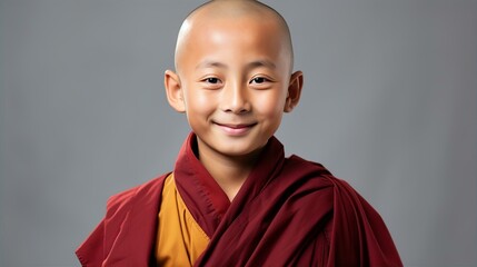 Wall Mural - Portrait of young  tibetan monk boy with kind face, friendly smiling to camera 