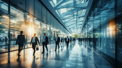 Wall Mural - Motion blur of walking people silhouettes a big glass lobby with beautiful morning sun lights reflection. Office skyscraper entrance hall