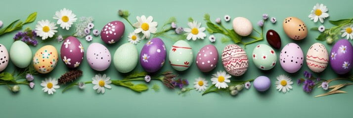 Wall Mural - Easter Eggs and flowers arranged in a row, top view, linear composition, long banner, happy easter celebration concept.