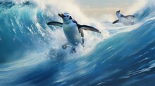 Chinstrap Penguin Ride Out High Surf On Blue-ice Icebergs. Animal Wildlife