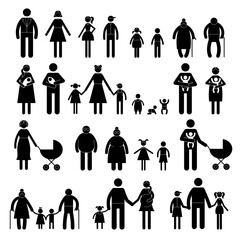 Wall Mural - Stick family persons. Father mother children silhouettes recent vector illustrations set