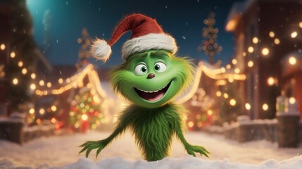 Poster -  the grin face is wearing a santa's hat in a scene from the movie how the grin stole christmas lights.