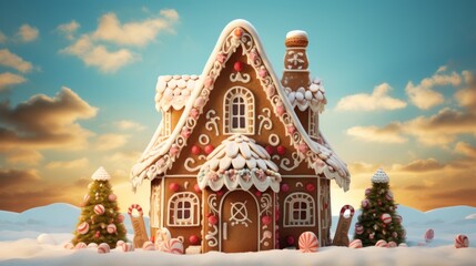 Sticker -  a picture of a gingerbread house in the middle of a winter scene with snow on the ground and trees in the foreground.