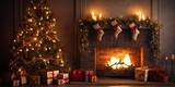 Fototapeta Nowy Jork - Festive surroundings: holiday decorations, warm fireplace, adorned tree.