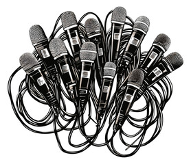 Wall Mural - Microphones sketch. Microphone bunch journalism conference broadcast information concept hand mic set news report interview vector element
