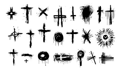 Wall Mural - black grunge elements, brush crosses, spots and signs. decorative dirty collection, punk rock, heavy