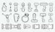 © Fathima Flats - Claw clasps and carabiners flat sketch vector illustration set, different types of clasps, buckles and carabiners for jewellery, climbing equipment, garments dress fasteners, Clothing and Accessories
