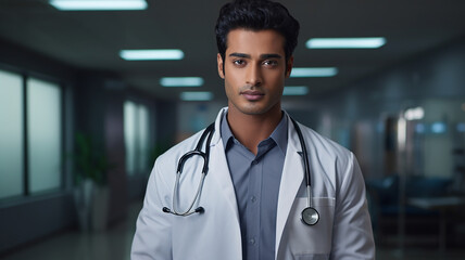 Wall Mural - Portrait of young male doctor with stethoscope in hospital corridor