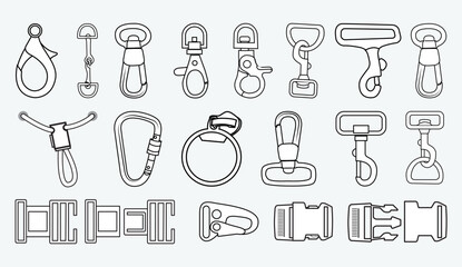 Wall Mural - Claw clasps and carabiners flat sketch vector illustration set, different types of clasps, buckles and carabiners for jewellery, climbing equipment, garments dress fasteners, Clothing and Accessories