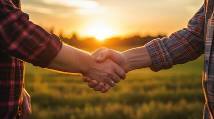 Poster - Two farmers shake hands in front of a wheat field.