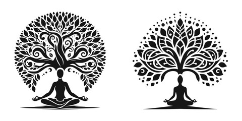 yoga tree set, meditation symbol, icon, isolated on white background, vector illustration.