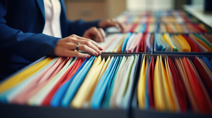 Wall Mural - Close-up of a person in a business suit searching through open file drawers full of documents.