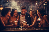 Fototapeta  - Friends celebrating Christmas or New Year eve party comeliness